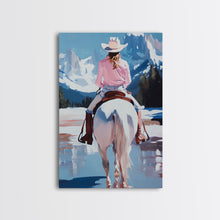 Cargar imagen en el visor de la galería, Female Cowboy Riding Through Winter Mountains Framed Canvas Print Christmas Wall Art Winter Wonderland Vintage Christmas Gift Wall Art
