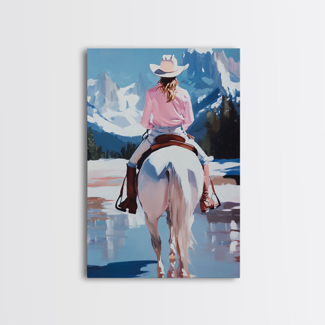 Female Cowboy Riding Through Winter Mountains Framed Canvas Print Christmas Wall Art Winter Wonderland Vintage Christmas Gift Wall Art