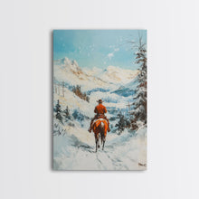 Load image into Gallery viewer, Cowboy Riding Through Snowy Mountains Framed Canvas Print Christmas Wall Art Winter Wonderland Decor Seasonal Wall Art Christmas Gift Idea
