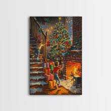 Cargar imagen en el visor de la galería, Children Hanging Stockings By The Fireplace Framed Canvas Print Tall Art With Christmas Tree, Nostalgic Christmas Wall Art Holiday Decor
