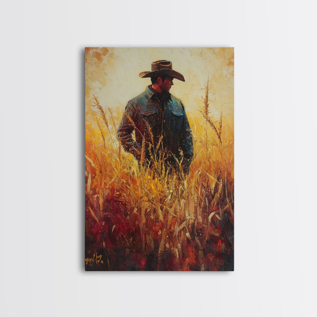 Cowboy in Golden Wheat Field Canvas Print, Western Landscape Art Gift, Seasonal Decor, Modern, Perfect Holiday Gift, Framed Canvas Print