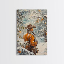 Load image into Gallery viewer, Cowboy in Snowy Orchard Canvas Print with Frosty, Christmas Wall Art Gift, Seasonal Decor, Winter Wonderland, Holiday Decor, Canvas Print
