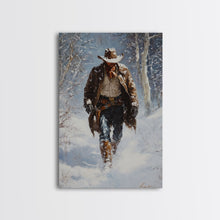 Load image into Gallery viewer, Cowboy Riding Horse in Snowy Forest Canvas Print, Winter Wall Art, Western, Rustic Christmas Wall Art, Seasonal Holiday Decor, Canvas Print
