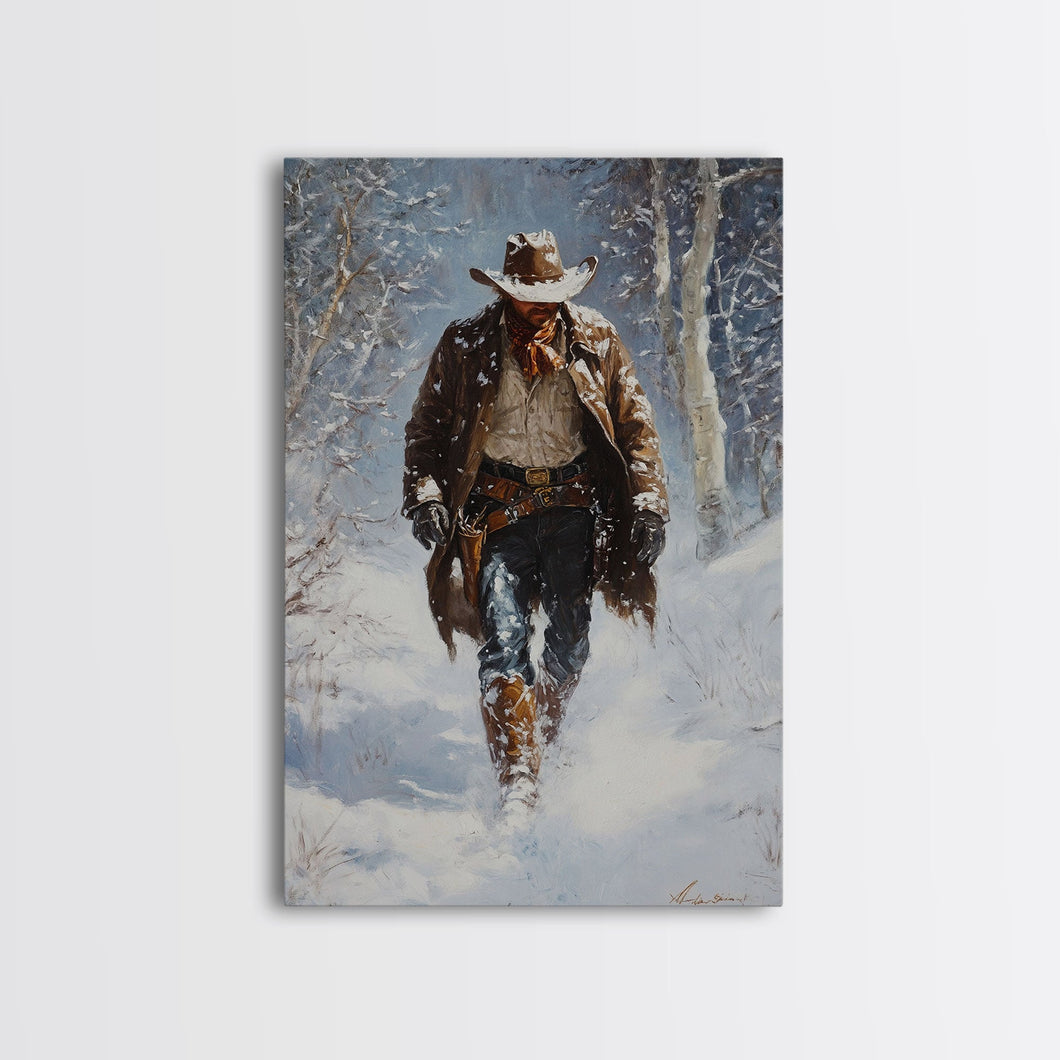 Cowboy Riding Horse in Snowy Forest Canvas Print, Winter Wall Art, Western, Rustic Christmas Wall Art, Seasonal Holiday Decor, Canvas Print
