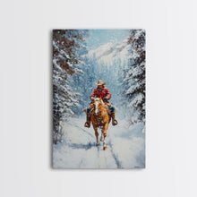Load image into Gallery viewer, Cowboy Walking Through Snowy Winter Forest Canvas Print, Western Christmas Art Gift, Holiday Wall Decor, Rustic Art, Framed Canvas Print
