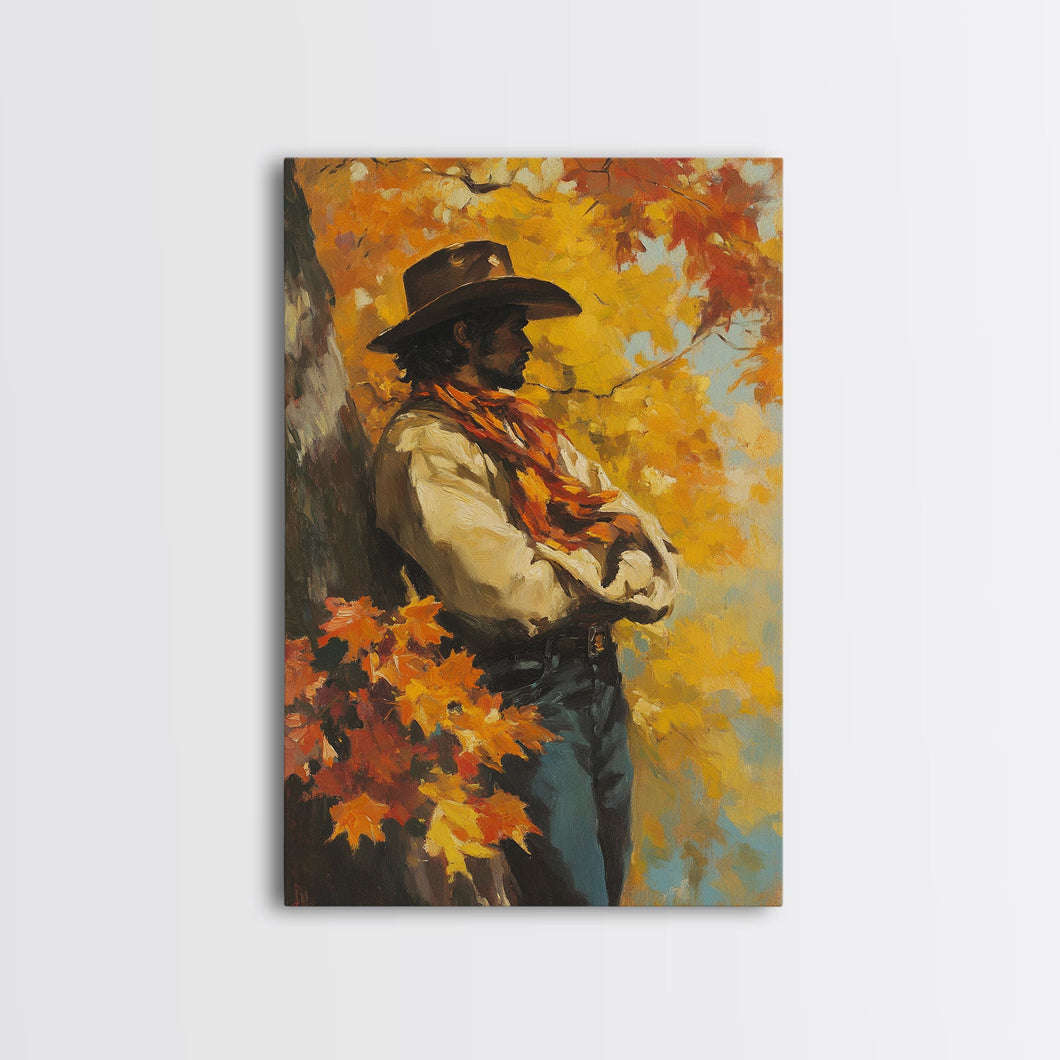 Cowboy Walking in Winter Forest at Sunset Canvas Print, Seasonal Western Wall Art, Rustic Christmas Wall Decor, Vibes, Framed Canvas Print