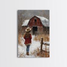 Load image into Gallery viewer, Country Girl with Falling Leaves Canvas Print, Autumn Wall Art, Farmhouse Holiday Decor, Fall Decor, Trendy Wall Art, Framed Canvas Print
