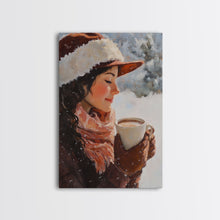 Load image into Gallery viewer, Framed canvas print of a peaceful winter scene with a woman a hot chocolate perfect for holiday gift idea or rustic Christmas wall art decor
