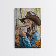 Carregar imagem no visualizador da galeria, Fall-themed farmhouse framed canvas print a woman with coffee amidst autumn leaves ideal harvest home decor or seasonal wall art gift idea
