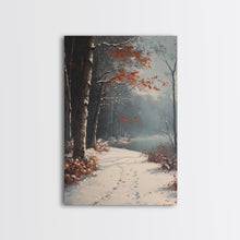 Load image into Gallery viewer, Framed Canvas Print of a Snowy Path with Trees and Red Leaves, Winter Wall Art, Moody Landscape, Best Gift Idea, Modern Christmas Decor
