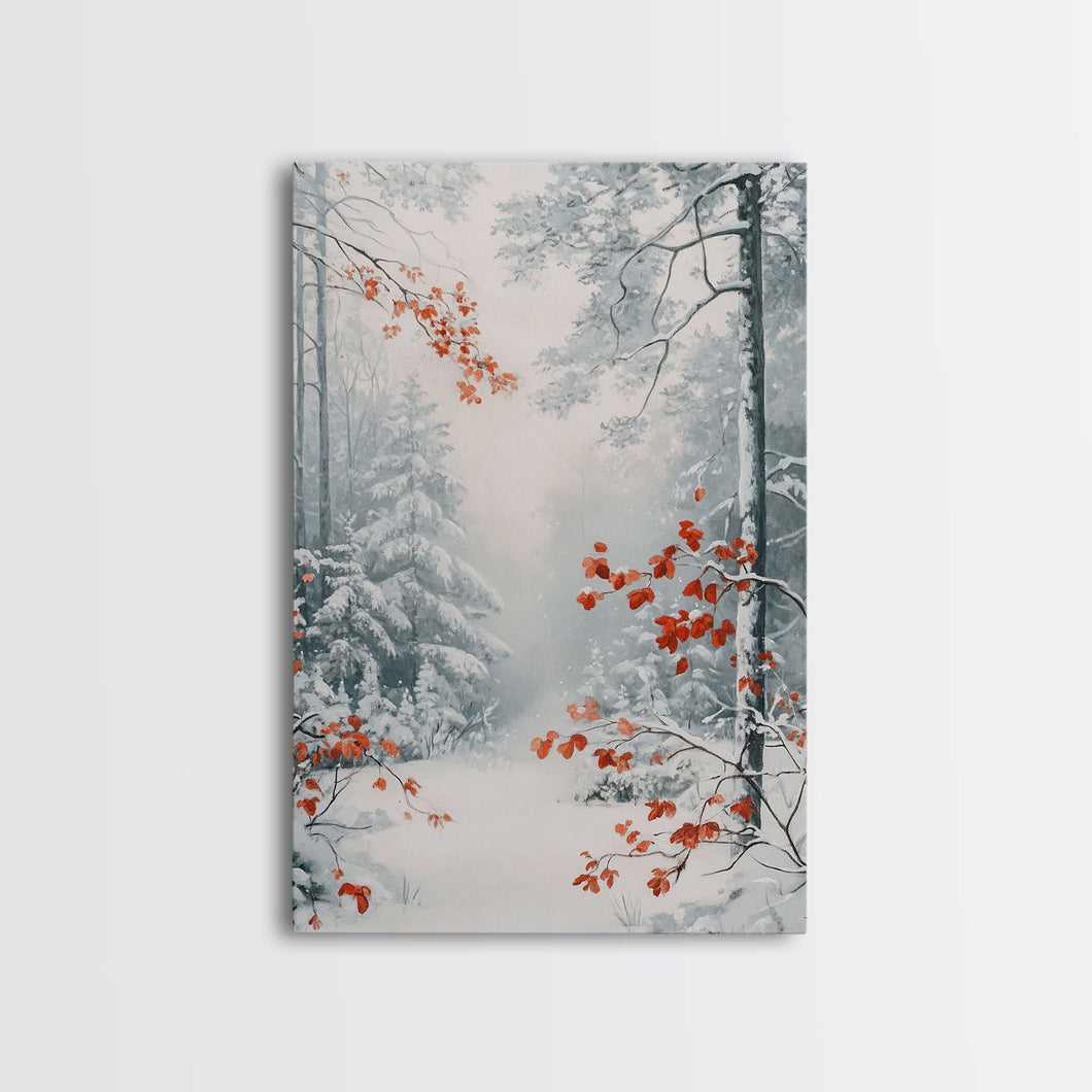 Canvas Print of Winter Wonderland with Red Leaves in Snow, Winter Wall Art, Best Gift Idea, Moody Landscape, Christmas Home Decor