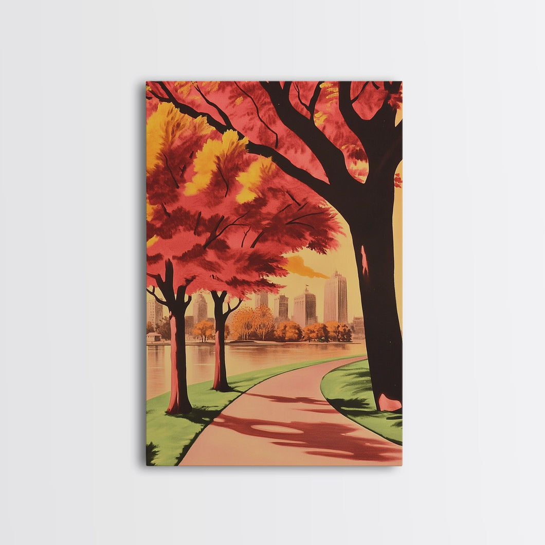 Canvas Print of City Park with Autumn Trees and Path, Seasonal Wall Art, Modern Farmhouse Decor, Best Gift Idea, Fall Cityscape Art
