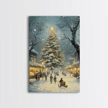 Cargar imagen en el visor de la galería, Christmas Tree Village Snowy Winter Scene Framed Canvas Print Christmas Wall Art Christmas Decor Christmas Tree Art Holiday Gift Winter Art
