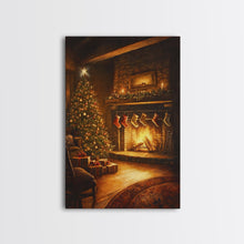 Load image into Gallery viewer, Rustic Cabin Fireplace With Christmas Tree Framed Canvas Print Warm Holiday Decor With Stockings And Christmas Lights Christmas Wall Art
