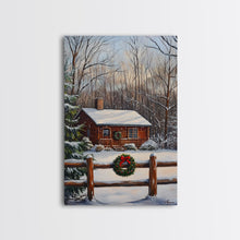 Load image into Gallery viewer, Snowy Log Cabin With Wreath And Fence Framed Canvas Print Rustic Winter Scene With Cozy Cabin In Snow Perfect Christmas Home Decor Wall Art
