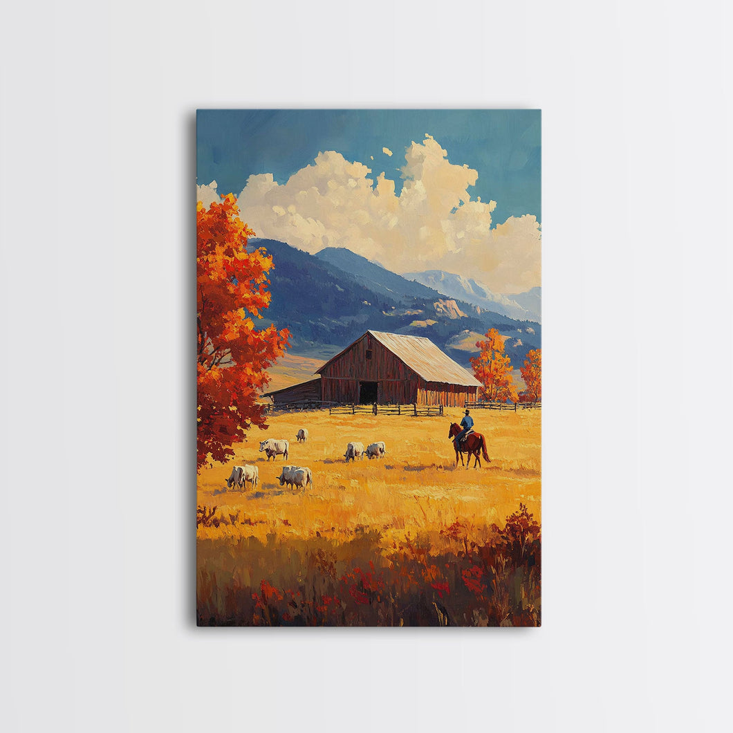 Cowboy Herding Cattle Framed Canvas Print Rustic Autumn Landscape With Barn And Vibrant Fall Colors Perfect Country Christmas Decor Art