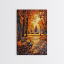 Carregar imagem no visualizador da galeria, Autumn Park Bench Scene With Trees And Lamppost Framed Canvas Print Wall Art Fall Decor, Rustic Autumn Art Gift, Seasonal Canvas Art
