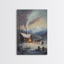 Load image into Gallery viewer, Mountain Cabin In Snow With Horses Framed Canvas Print Wall Art Rustic Winter Decor, Country Christmas Art, Winter Wonderland Scene
