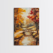 Carregar imagem no visualizador da galeria, Autumn Bridge Over Stream Framed Canvas Print Wall Art Fall Landscape Decor, Rustic Autumn Art Gift, Seasonal Wall Art
