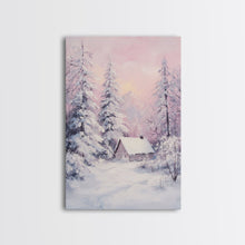 Load image into Gallery viewer, Pink Snowy Cabin Landscape Framed Canvas Print Wall Art Winter Wonderland Decor, Christmas Art Gift, Rustic Winter Scene Art
