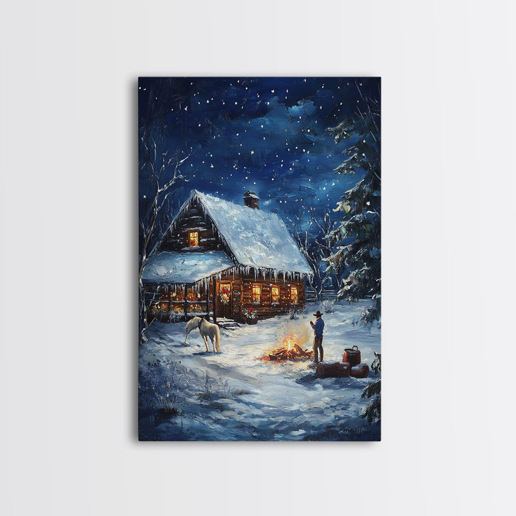 Cowboy Christmas by the Fire Framed Canvas Print, Western Holiday Decor with Snowy Cabin, Cozy Art Perfect for Rustic Christmas Winter Decor