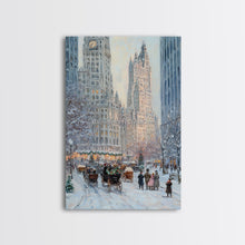 Cargar imagen en el visor de la galería, Historical City Winter Framed Canvas Print, Snowy Urban Landscape with Carriages and Victorian Architecture, Elegant Christmas Wall Art
