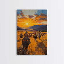 Load image into Gallery viewer, Cowboy Riders at Dusk Framed Canvas Print, Warm Sunset Western Scene with Riders on the Plains, Fall Decor Ranch Homes and Country Wall Art

