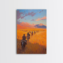 Load image into Gallery viewer, Cowboy Campfire Framed Canvas Print, Evening Gathering with Riders Around Fire, Western Landscape Art for Fall or Winter Home Decor
