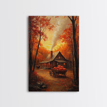 Carregar imagem no visualizador da galeria, Autumn Cabin with Pumpkins Framed Canvas Print, Warm Fall Countryside Scene with Golden Leaves, Cozy Rustic Farmhouse Wall Art Decor
