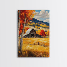 Load image into Gallery viewer, Countryside Barn in Autumn Framed Canvas Print, Bright Fall Landscape Birch Trees, Rustic Wall Art Country Home or Farmhouse Autumn Decor
