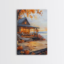 Load image into Gallery viewer, Cozy autumn cabin porch with pumpkins and scenic view, Framed Canvas Print, perfect above sofa art, fall seasonal decor, gallery wall
