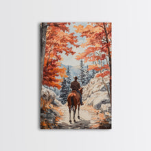 Load image into Gallery viewer, Cowboy riding through autumn forest, Framed Canvas Print, fall landscape wall art, western style decor for cozy homes, perfect gift idea
