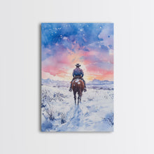 Load image into Gallery viewer, Cowboy riding through snowy sunset, Framed Canvas Print, winter landscape wall art, western decor for above sofa, rustic holiday decor
