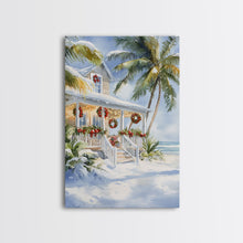 Carregar imagem no visualizador da galeria, Beach Christmas porch with palm trees and wreaths, holiday decor Framed Canvas Print Christmas wall art farmhouse tropical decor idea
