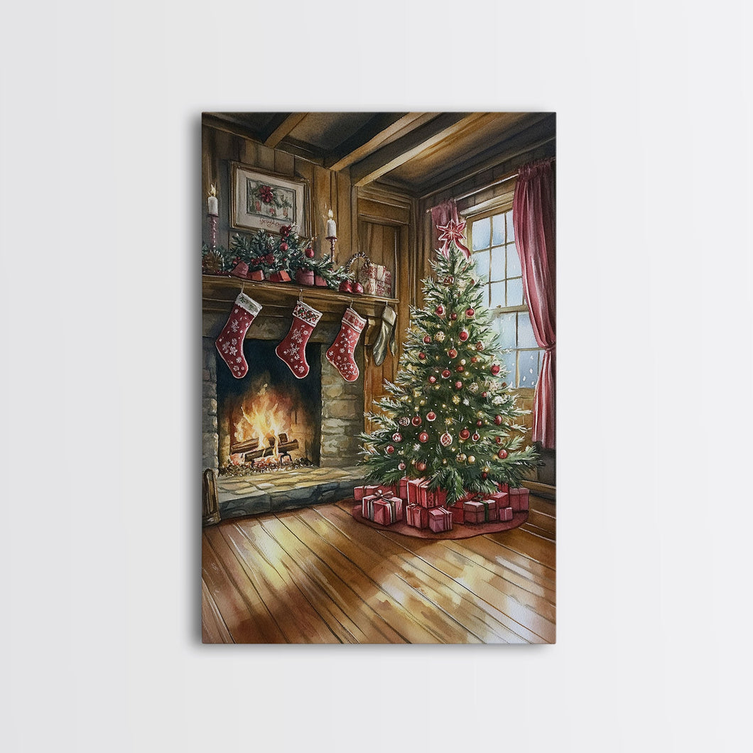 Cozy farmhouse Christmas interior Framed Canvas Print with tree stockings and fireplace, warm holiday art rustic Christmas decor mantle
