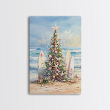 Cargar imagen en el visor de la galería, Coastal Christmas tree with surfboards at the beach Framed Canvas Print, tropical holiday wall art beach Christmas decor Christmas prints

