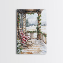 Carregar imagem no visualizador da galeria, Farmhouse porch decorated with garland and cozy rocking chair, Framed Canvas Print winter decor idea for rustic home Christmas wall art
