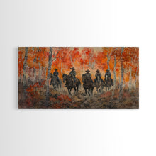 Load image into Gallery viewer, Framed Canvas Print Horseback Riders in Rustic Fall Forest, Cowboy Theme Wall Art, Autumn Home Decor, and Seasonal Canvas Wall Print
