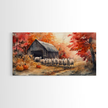 Load image into Gallery viewer, Framed Canvas Print Autumn Farm with Sheep and Pumpkins, Perfect Fall Decor, Rustic Country Home Wall Art, Seasonal Autumn Canvas Print
