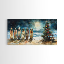 Carregar imagem no visualizador da galeria, Canvas Print Surfboards and Christmas Tree at Beach, Tropical Christmas Decor, Beach Christmas Art, Coastal Holiday Wall Art

