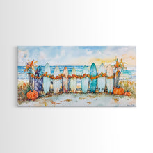 Load image into Gallery viewer, Framed Canvas Print Beach Scene with Surfboards and Pumpkins, Fall Beach Decor, Autumn Coastal Wall Art, Perfect Fall Beach Theme
