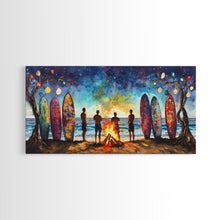Carregar imagem no visualizador da galeria, Canvas Print Beach Bonfire with Surfboards Under Stars, Coastal Christmas Art, Tropical Holiday Wall Art, Beach Christmas Decor
