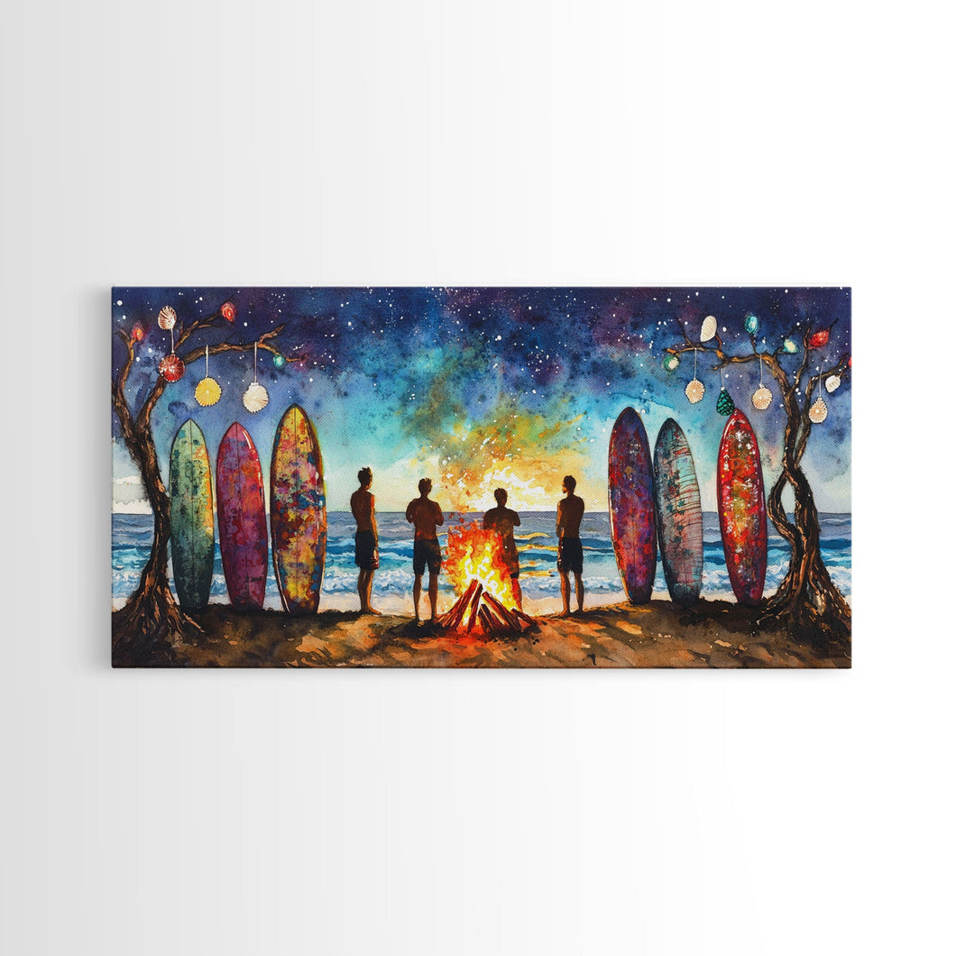 Canvas Print Beach Bonfire with Surfboards Under Stars, Coastal Christmas Art, Tropical Holiday Wall Art, Beach Christmas Decor