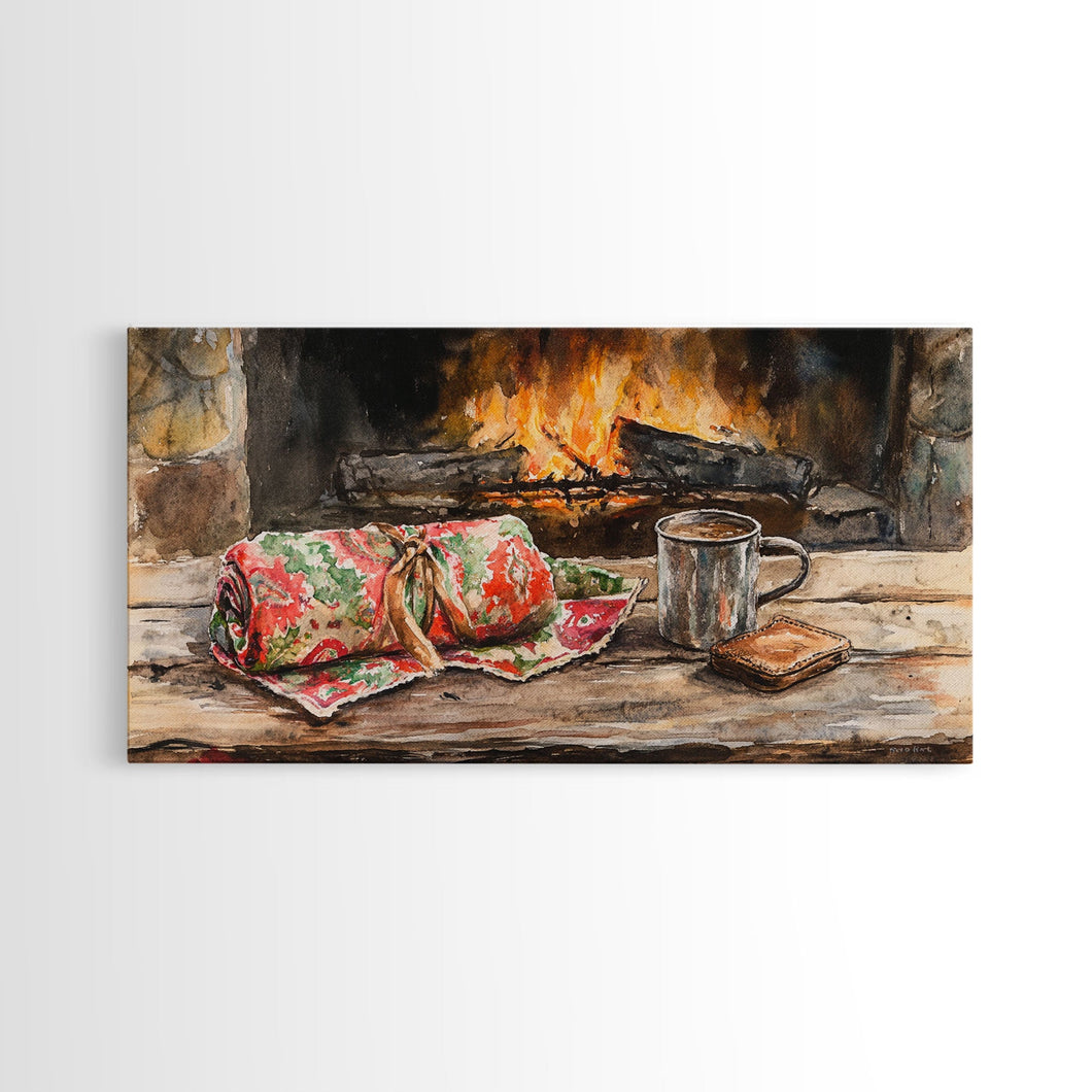 Canvas Print Cozy Fireplace with Christmas Blanket and Mug, Rustic Christmas Decor, Holiday Home Art, Warm Christmas Wall Art