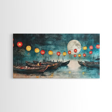 Load image into Gallery viewer, Framed Canvas Print Full Moon Lanterns on Boats, Dreamy Night Scene, Watercolor Christmas Art, Unique Holiday Decor, Coastal Christmas
