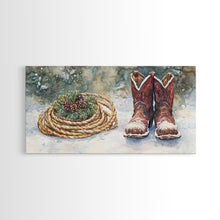 Carregar imagem no visualizador da galeria, Canvas Print Cowboy Boots with Christmas Wreath and Rope, Rustic Christmas Decor, Winter Western Holiday Art, Farmhouse Wall Print
