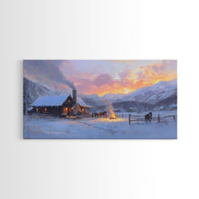 Load image into Gallery viewer, Cozy Snowy Log Cabin Tall Art Framed Canvas Print Winter Home Decor With Warm Fireplace And Horse Rider Under A Beautiful Sunset Scene
