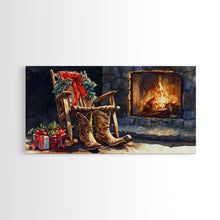 Carregar imagem no visualizador da galeria, Canvas Print Rocking Chair and Cowboy Boots by Fireplace, Cozy Christmas Decor, Western Holiday Wall Art, Rustic Christmas Scene
