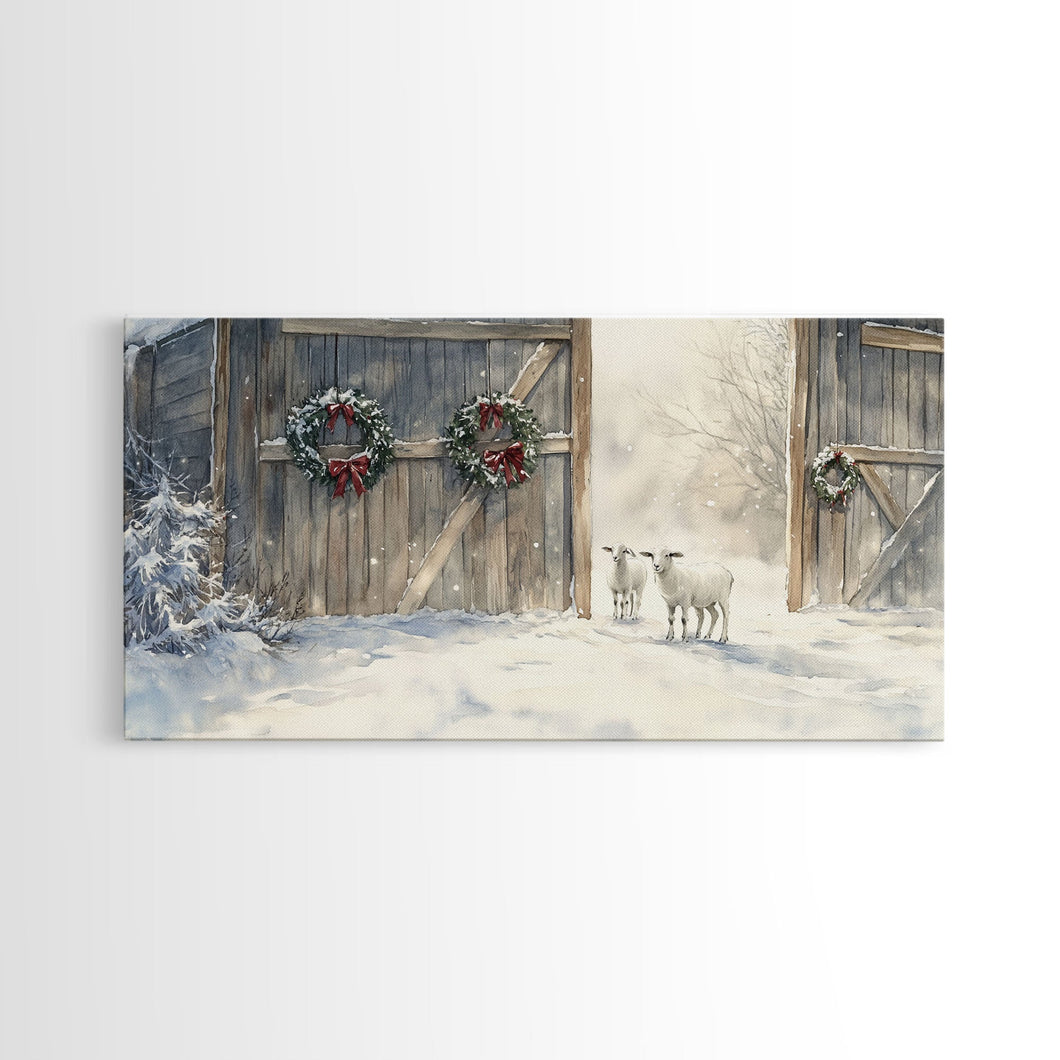 Christmas decor farmhouse Framed Canvas Print snowy barn Christmas scene holiday wall art best gift Christmas decor Christmas tree art 2024