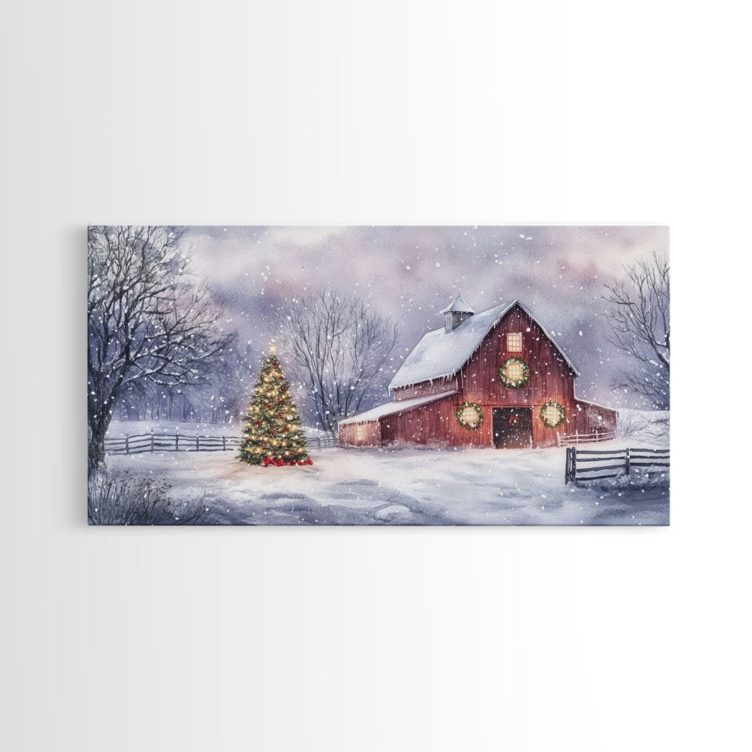 Christmas decor farmhouse Framed Canvas Print snowy barn scene holiday wall art Christmas tree decor best gift Christmas holiday home decor
